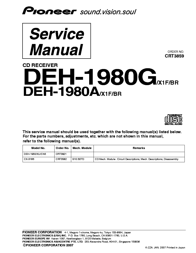 PIONEER DEH-1980G 1980A CRT3859 CAR AUDIO service manual (1st page)