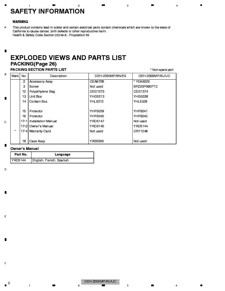 PIONEER DEH-2000MP EXPLODED VIEWS AND PARTS LIST service manual (2nd page)