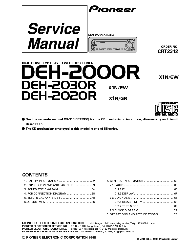 PIONEER DEH-2000R 2030R 2020R CRT2312 service manual (1st page)