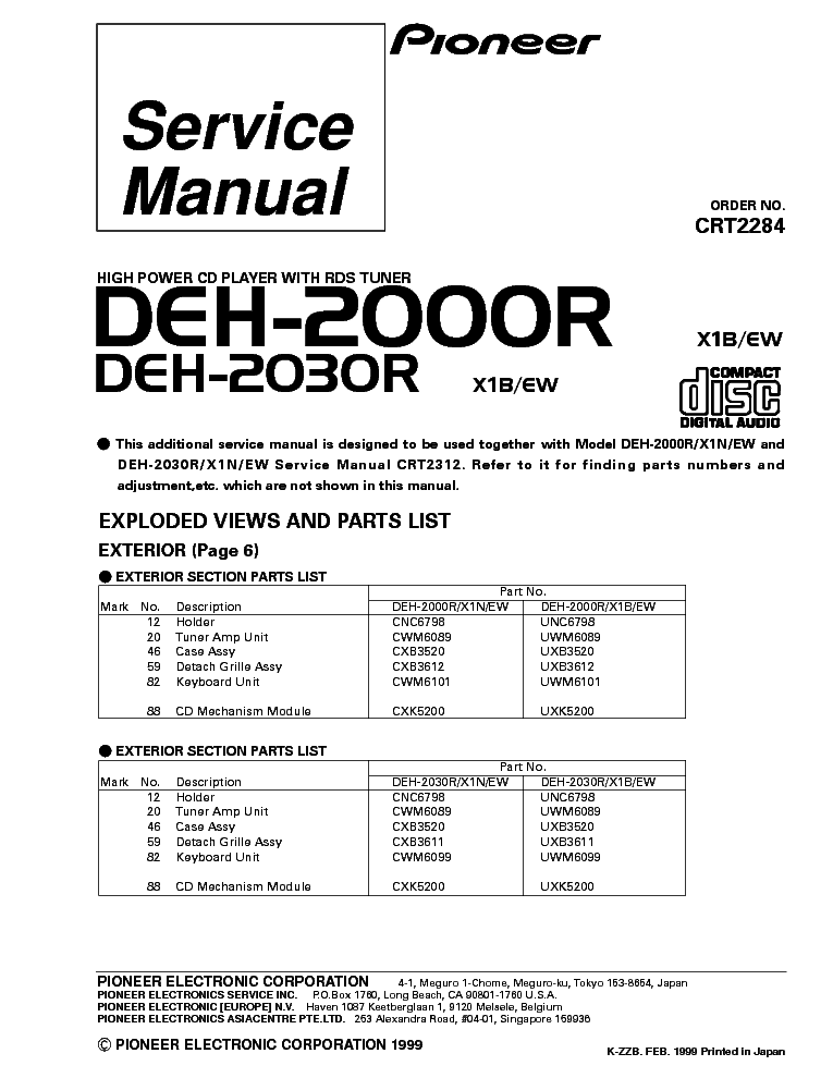 PIONEER DEH-2000R 2030R PARTS service manual (1st page)