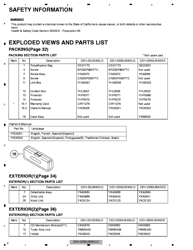 PIONEER DEH-2200 2250UB EXPLODED-VIEWS AND PARTS-LIST service manual (2nd page)