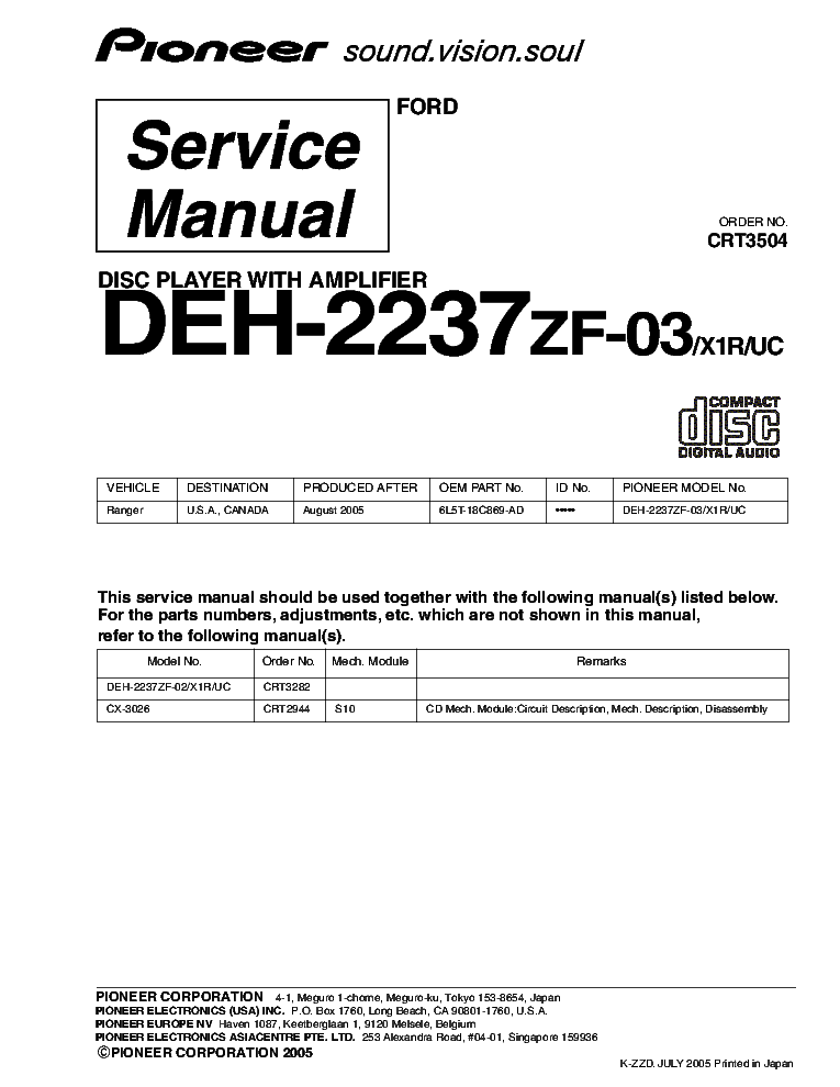 PIONEER DEH-2237ZF-03 CRT3504 SUPPLEMENT service manual (1st page)