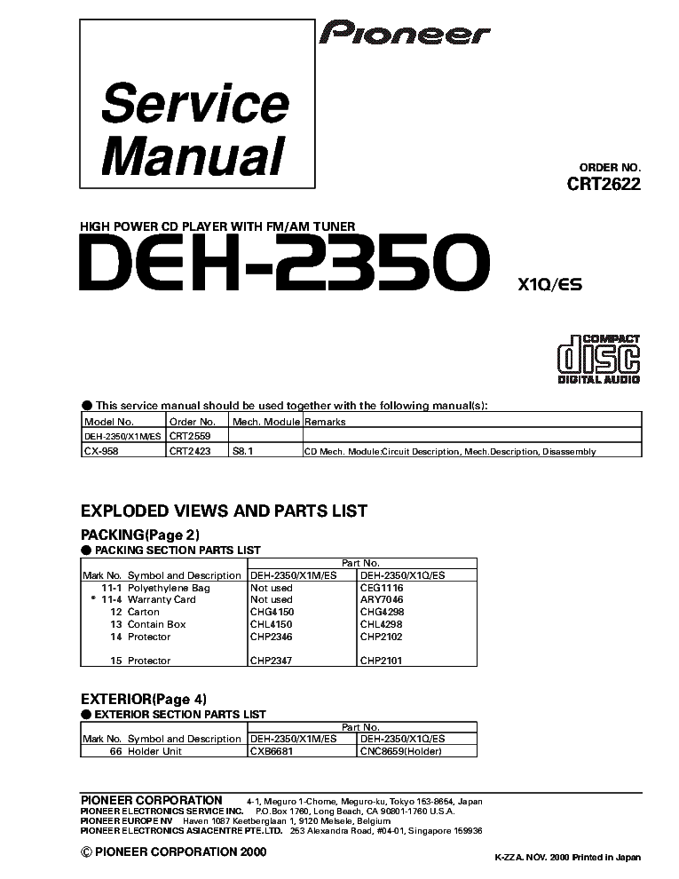 PIONEER DEH-2350 CRT2622 SUPPLEMENT service manual (1st page)