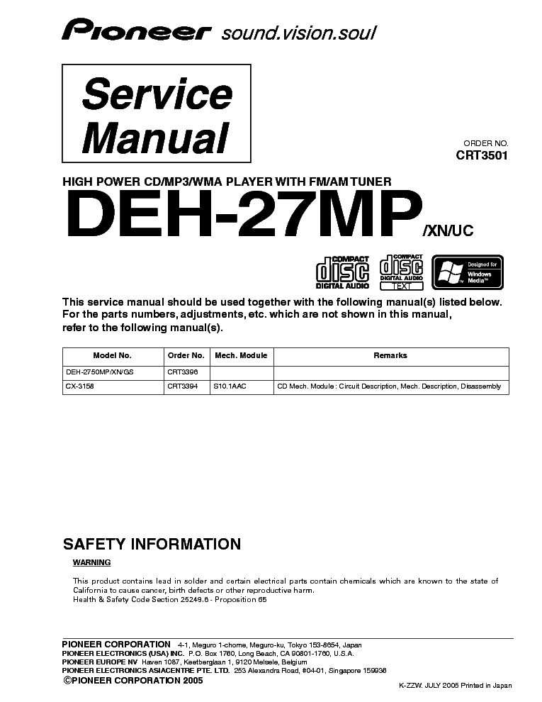 PIONEER DEH-27MP,2790MP,2750MP,2770MP service manual (1st page)