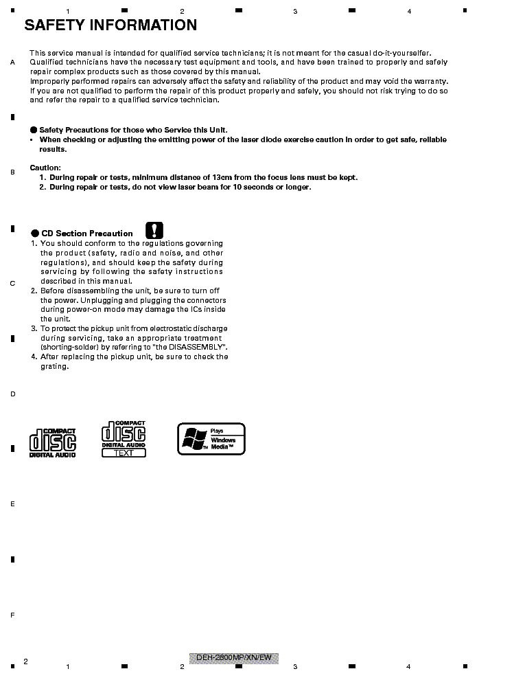 PIONEER DEH-2800MP 2800MPB 2820MP 281MP service manual (2nd page)