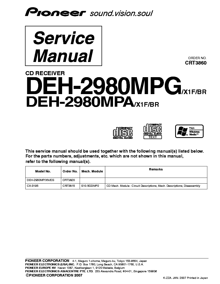 PIONEER DEH-2980MPG DEH-2980MPA CRT3860 CAR AUDIO service manual (1st page)