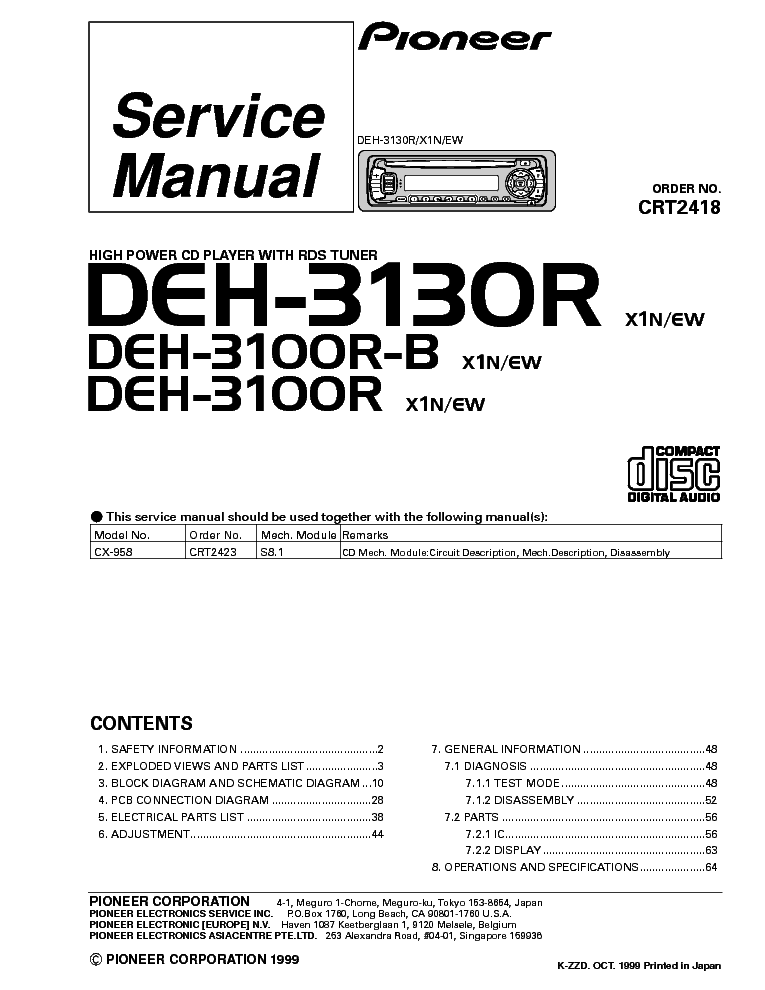 PIONEER DEH-3130R 3100R-B service manual (1st page)