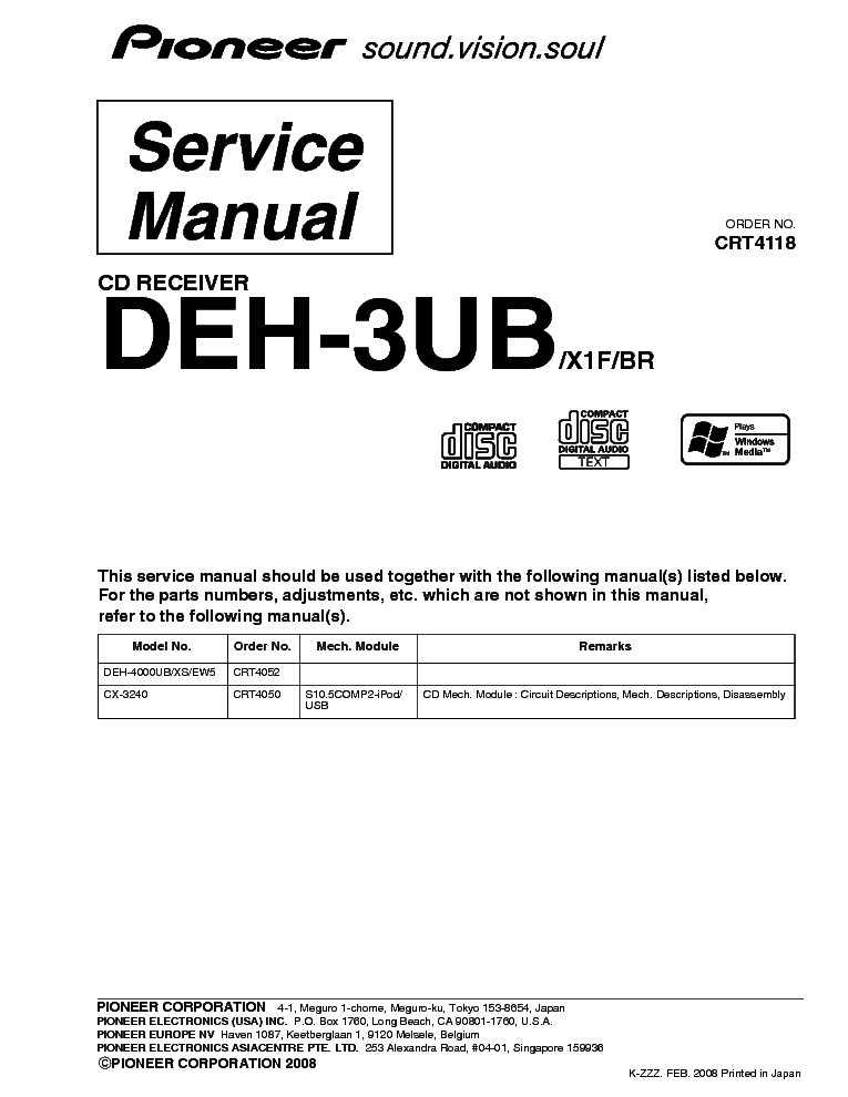 PIONEER DEH-3UB CRT4118 PARTS service manual (1st page)