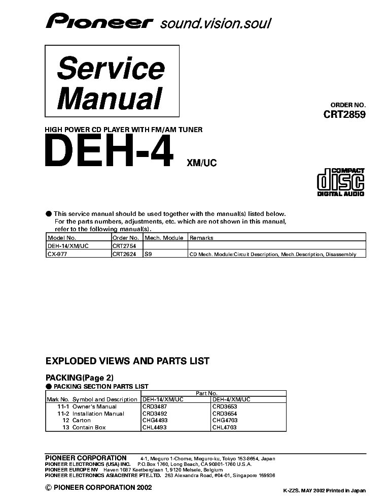 PIONEER DEH-4 CRT2859 SUPPLEMENT service manual (1st page)