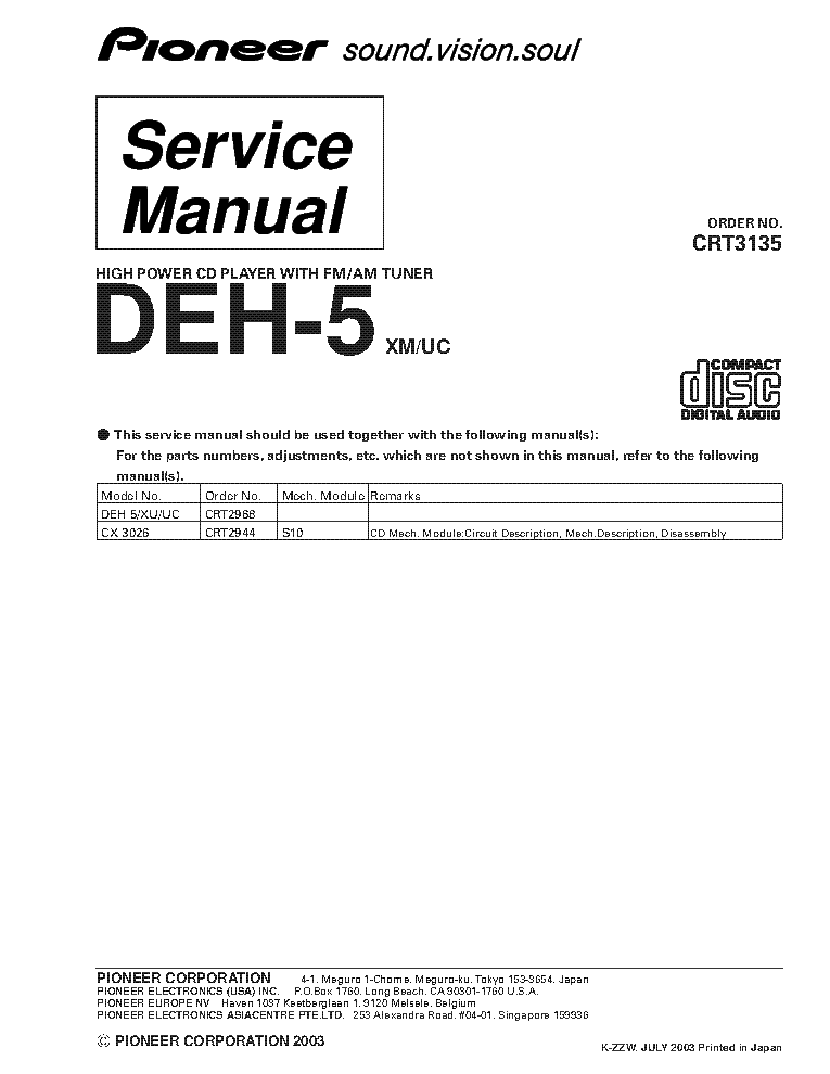 PIONEER DEH-5 CRT3135 SUPPLEMENT service manual (1st page)