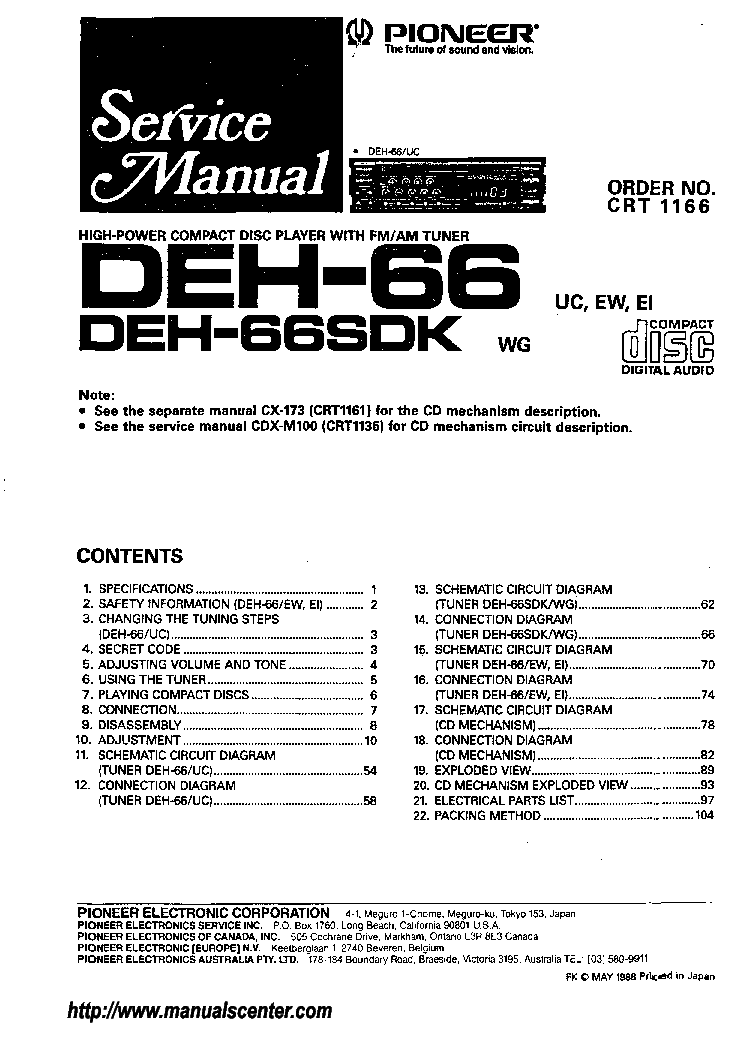 PIONEER DEH-66 DEH-66SDK CRT1166 service manual (1st page)