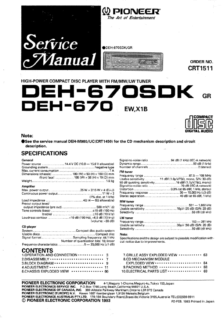 PIONEER DEH-670SDK SM CRT1511 service manual (1st page)