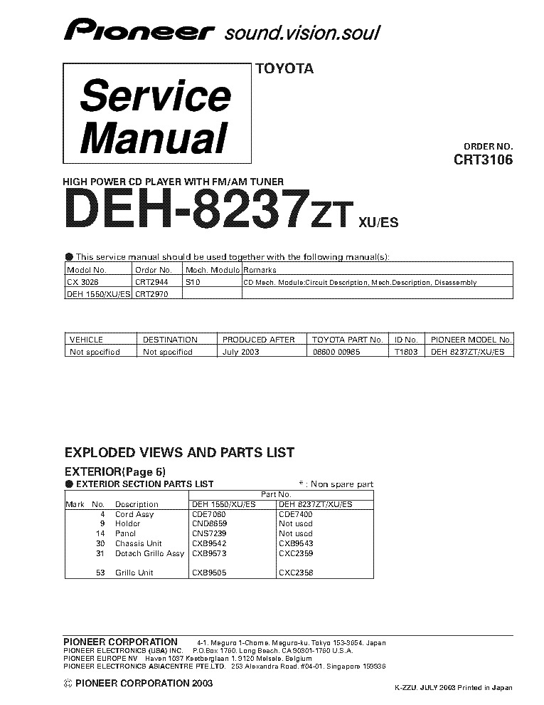 PIONEER DEH-8237ZT CRT3106 SUPPLEMENT service manual (1st page)