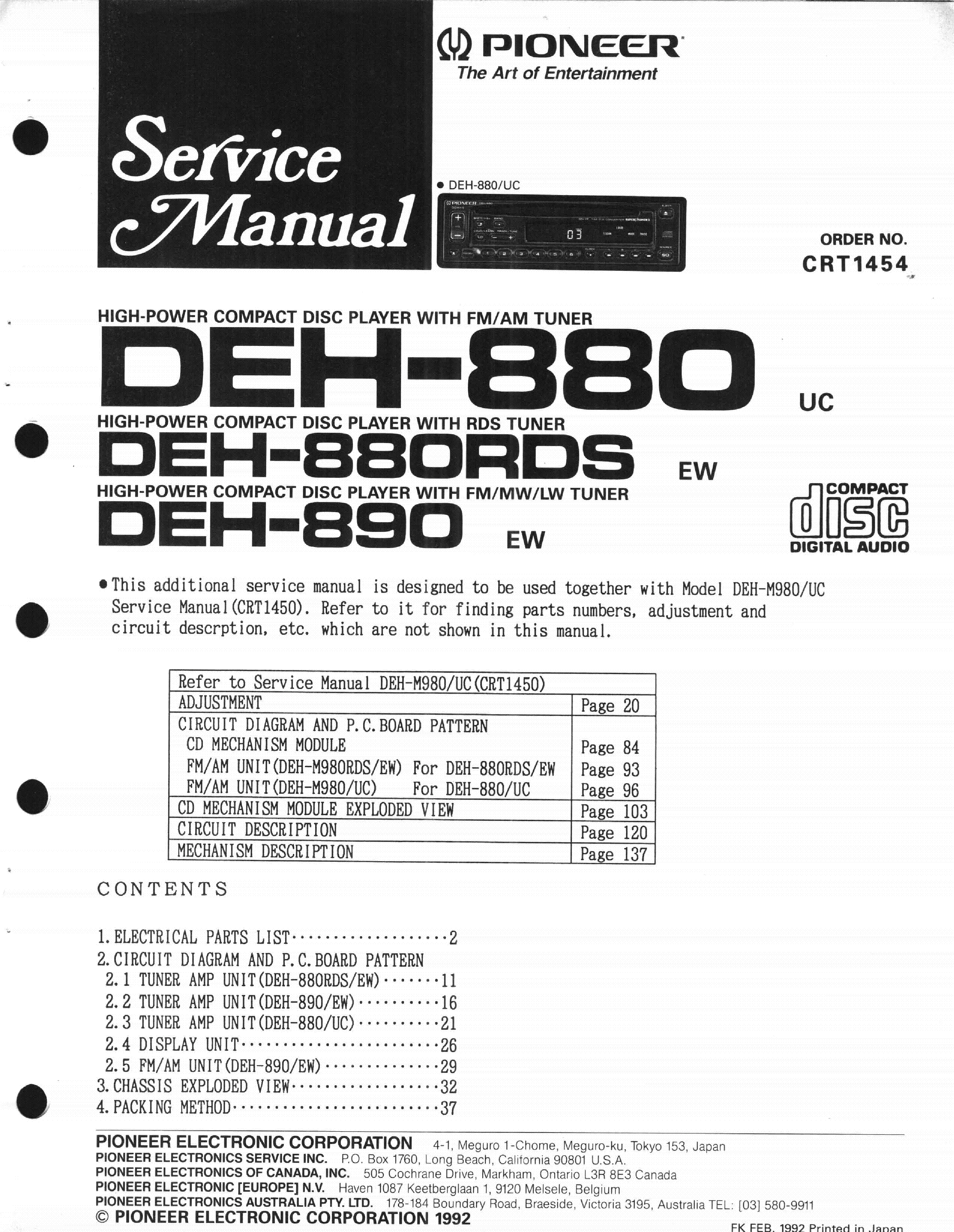 PIONEER DEH-880 RDS DEH-890 SERVICE MANUAL service manual (1st page)