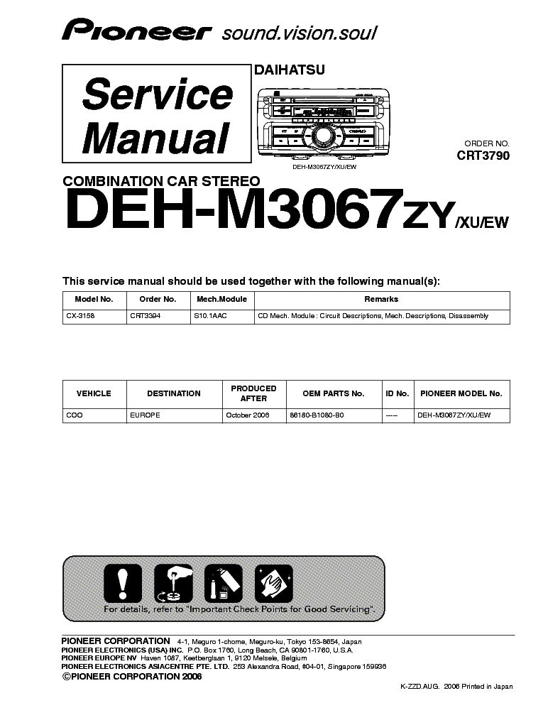 PIONEER DEH-M3067ZY CRT3790 DAIHATSU service manual (1st page)