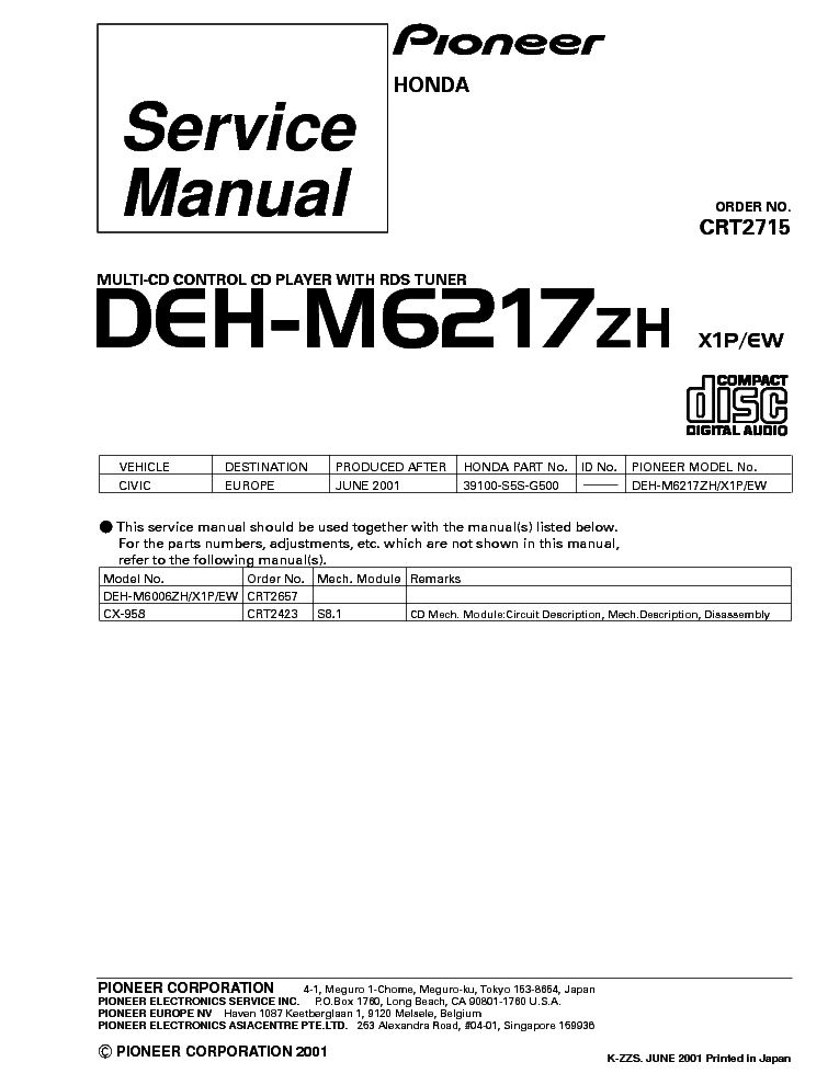 PIONEER DEH-M6217ZH CRT2715 HONDA SM service manual (1st page)