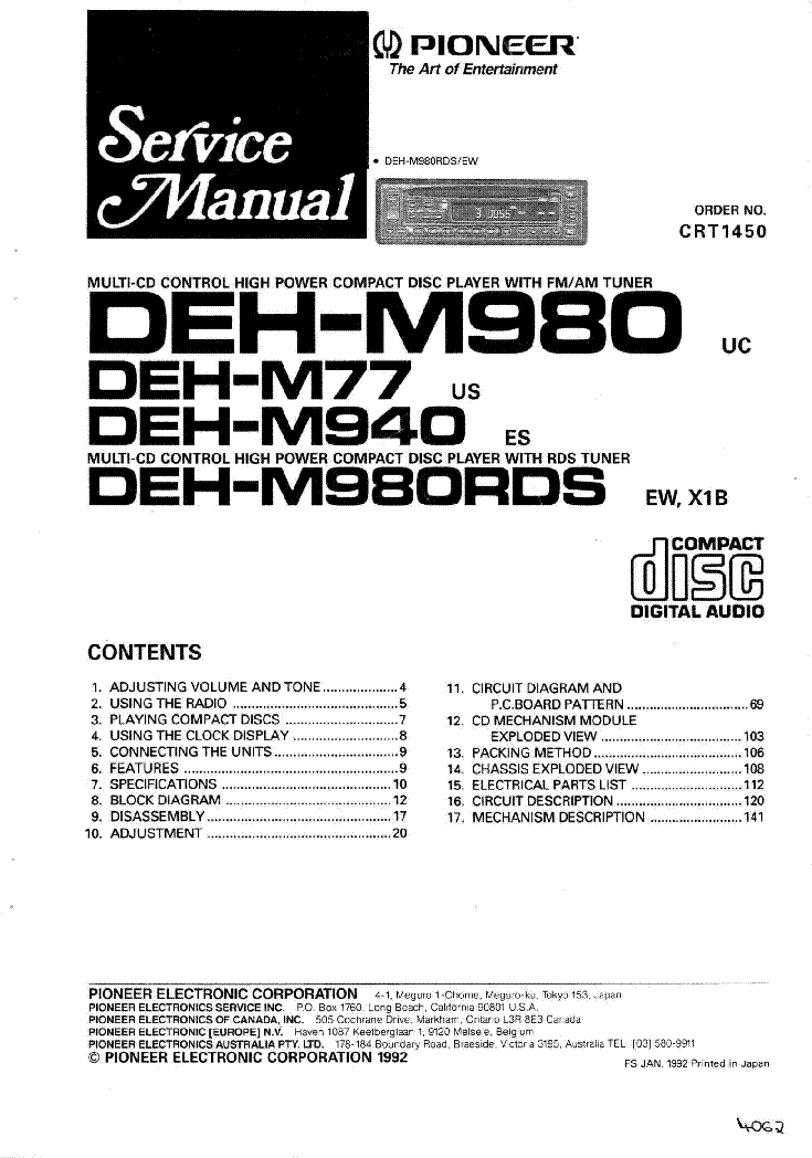 PIONEER DEH-M77 DEH-M940 DEH-M980RDS CRT1450 SM service manual (1st page)