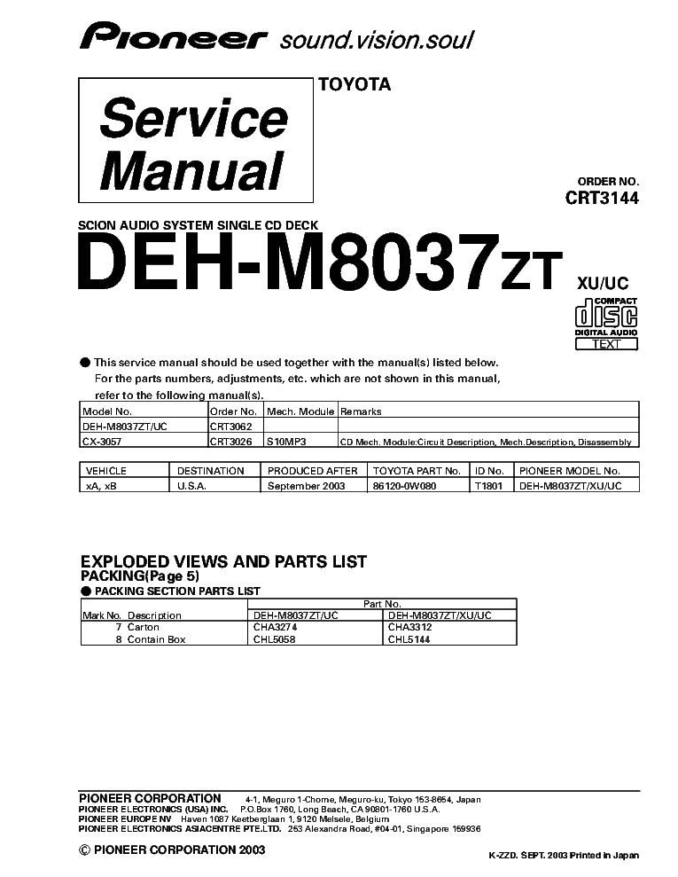 PIONEER DEH-M8037ZT CRT3144 SUPPLEMENT service manual (1st page)