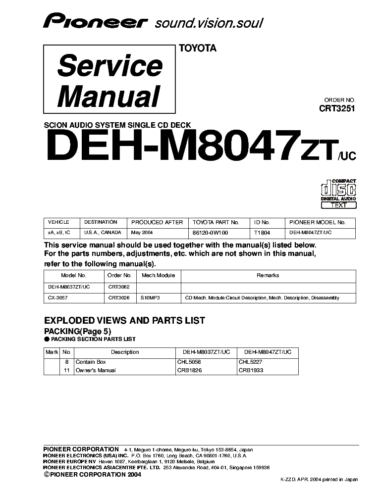 PIONEER DEH-M8047ZT CRT3251 SUPPLEMENT service manual (1st page)