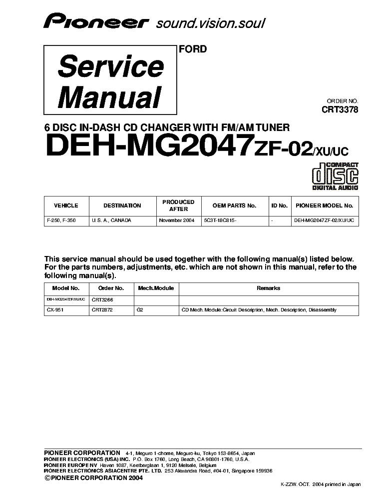 PIONEER DEH-MG2047ZF-02 CRT3378 SUPPLEMENT service manual (1st page)