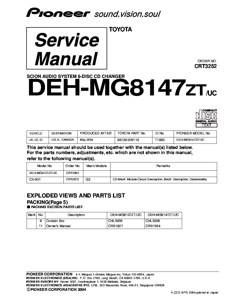 PIONEER DEH-MG8147ZT CRT3252 SUPPLEMENT service manual (1st page)