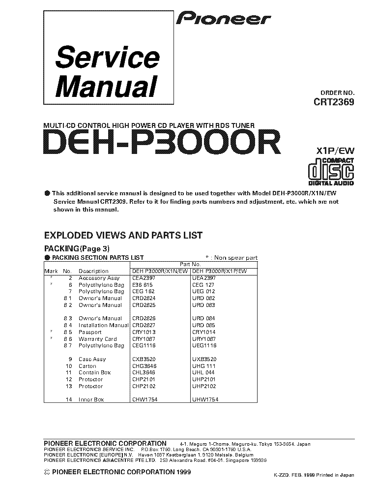 PIONEER DEH-P3000R CRT2369 SUPPLEMENT service manual (1st page)