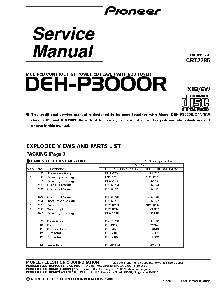 PIONEER DEH-P3000R PARTS CRT2285 service manual (1st page)