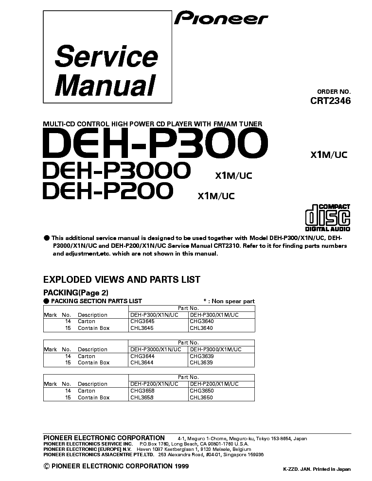 PIONEER DEH-P300 DEH-P3000 DEH-P200 service manual (1st page)