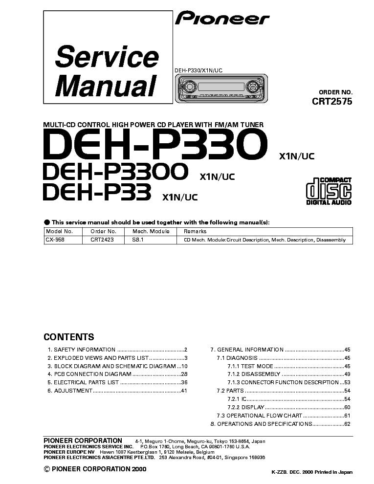 PIONEER DEH-P330 3300 33 CRT2575 service manual (1st page)