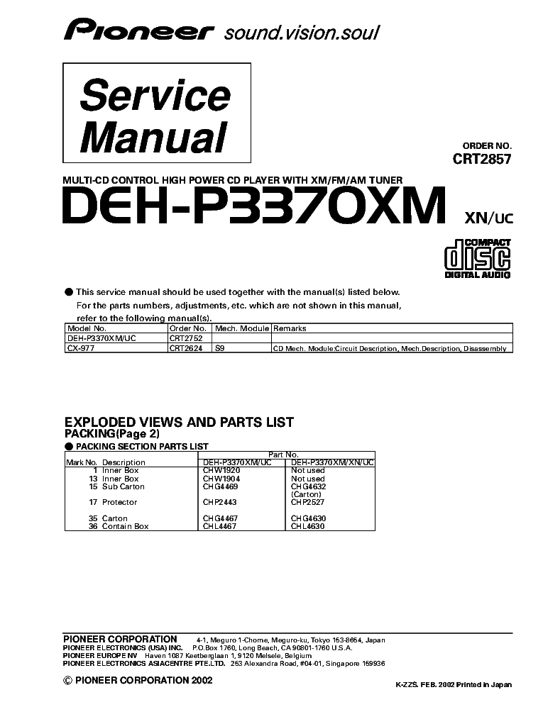 PIONEER DEH-P3370XM CRT2857 SUPPLEMENT service manual (1st page)