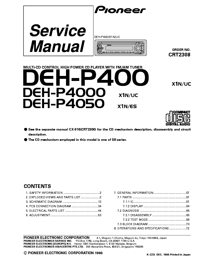 PIONEER DEH-P400 DEH-P4000 DEH-P4050 service manual (1st page)