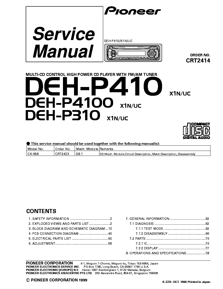 PIONEER DEH-P410 4100 310 CRT2414 service manual (1st page)