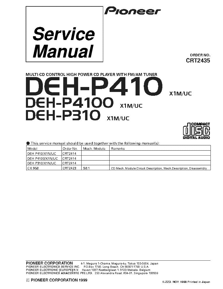 PIONEER DEH-P410 DEH-P4100 DEH-P310 CRT2435 SUPPLEMENT service manual (1st page)