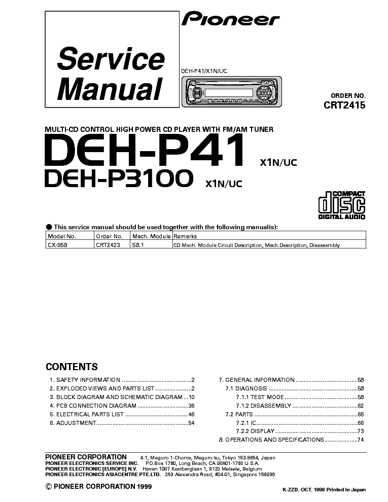PIONEER DEH-P41 3100 CRT2415 service manual (1st page)