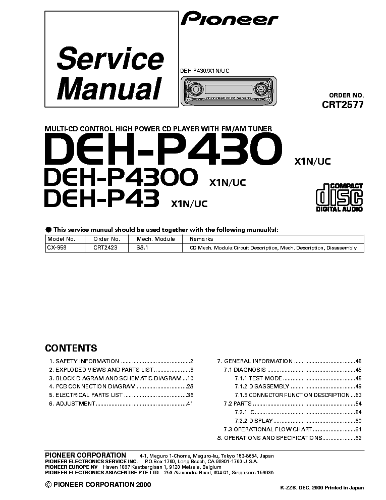 PIONEER DEH-P430 4300 43 2577 service manual (1st page)