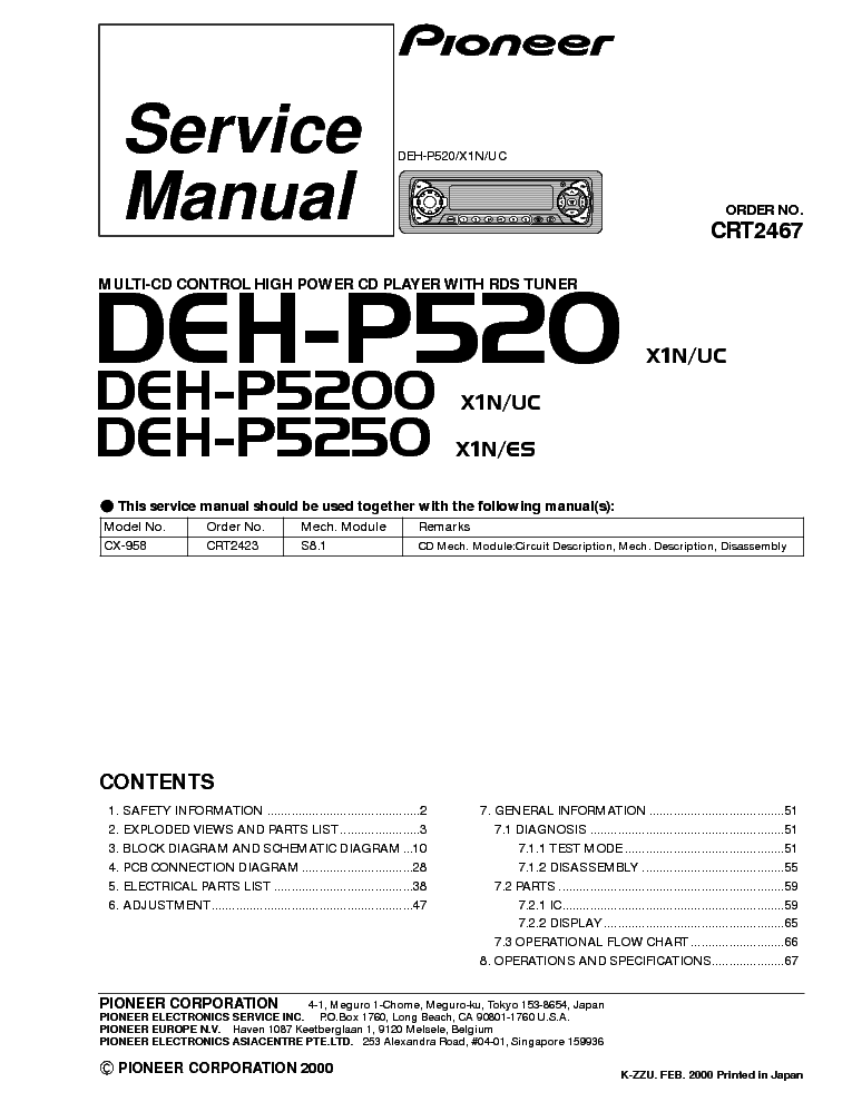 PIONEER DEH-P520-P5200-P5250-CRT2467 service manual (1st page)