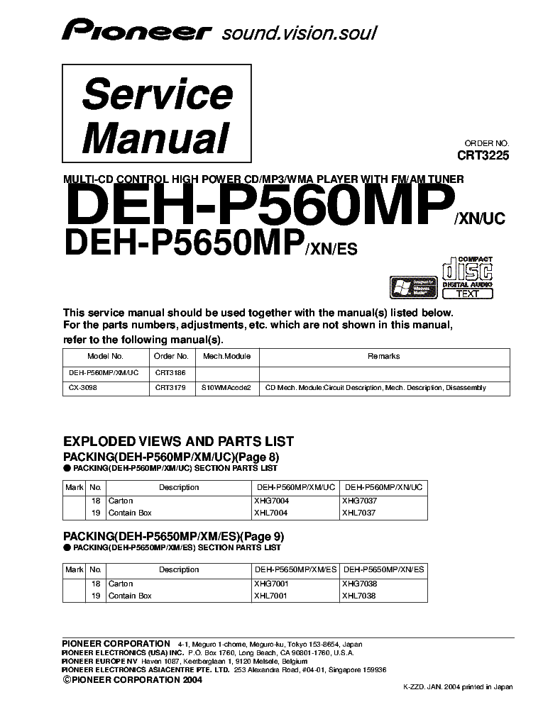 PIONEER DEH-P560MP DEH-P5650MP CRT3225 SUPPLEMENT service manual (1st page)
