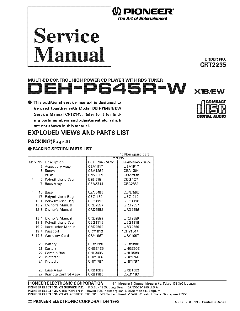 PIONEER DEH-P645R-W CRT2235 SUPPLEMENT service manual (1st page)