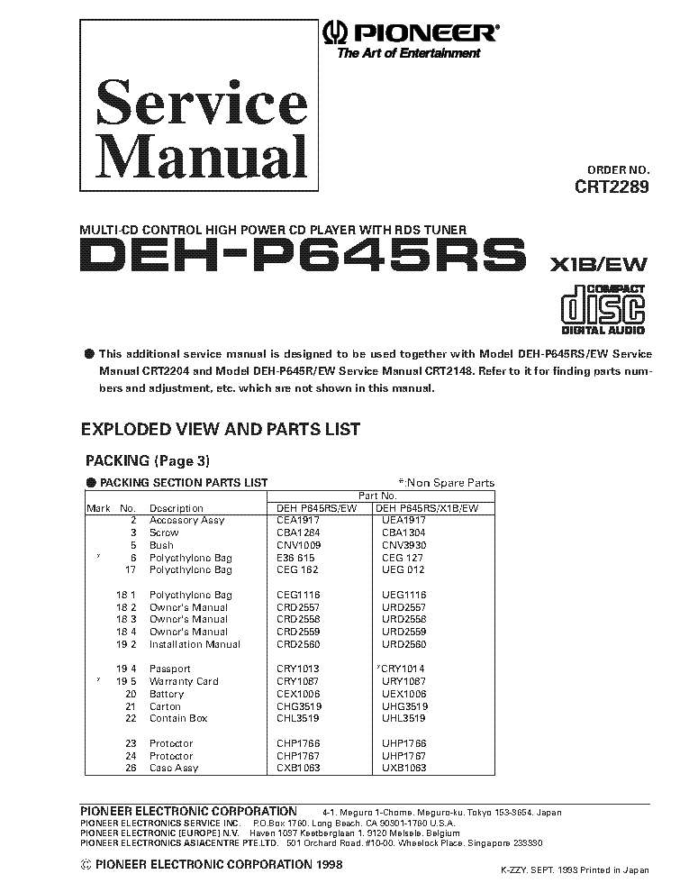 PIONEER DEH-P645RS CRT2289 SUPPLEMENT service manual (1st page)