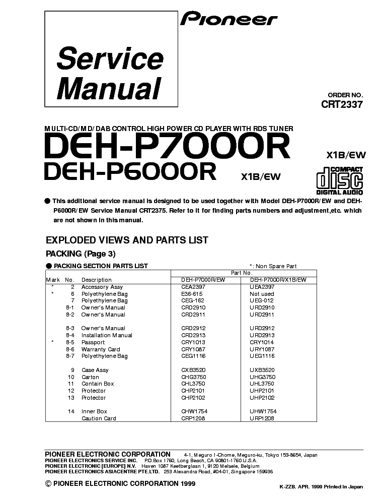 PIONEER DEH-P7000R DEH-P6000R PARTS service manual (1st page)