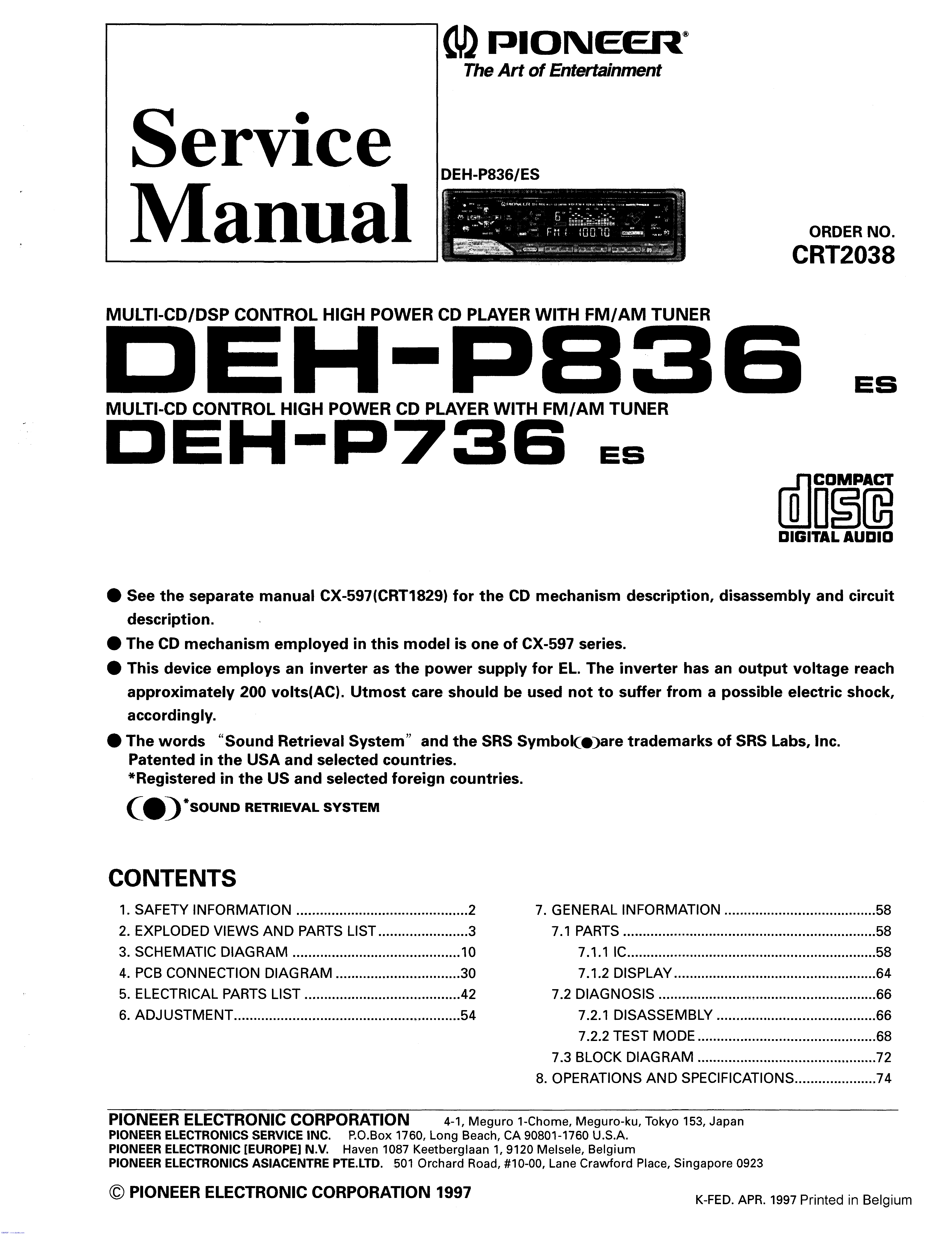 PIONEER DEH-P736 P836 service manual (1st page)