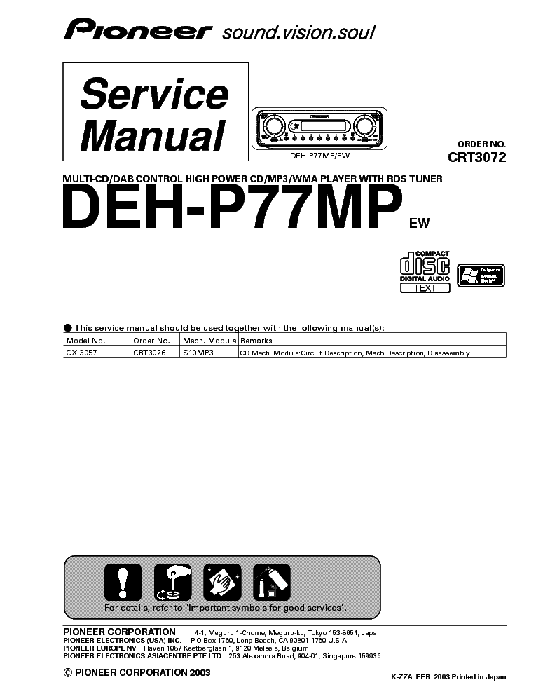 PIONEER DEH-P77MP CRT3072 service manual (1st page)
