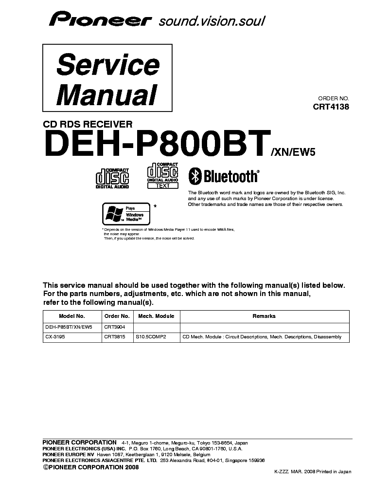 PIONEER DEH-P800BT CRT4138 SCH service manual (1st page)