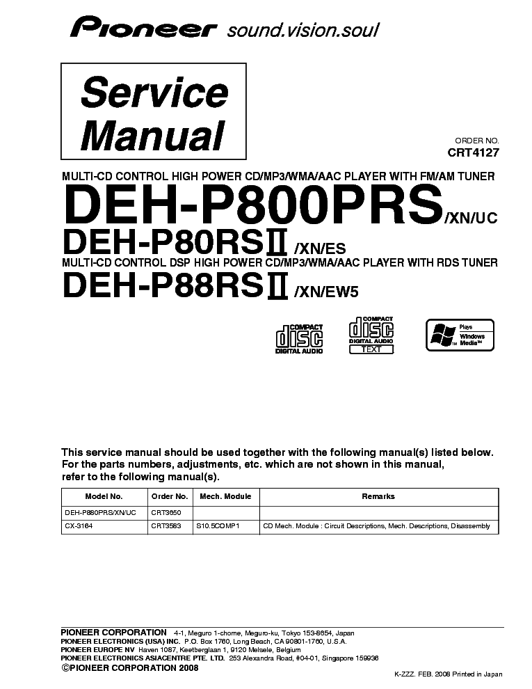 PIONEER DEH-P80 88RSII 800PRS EXPLODED VIEWS AND PARTS LIST service manual (1st page)