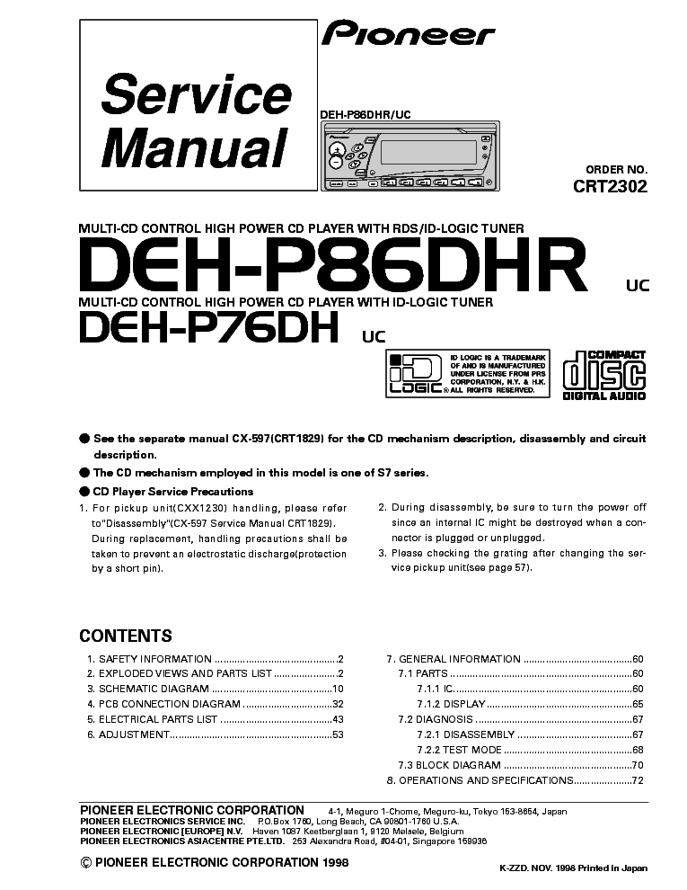 PIONEER DEH-P86DH DEH-76DH service manual (1st page)