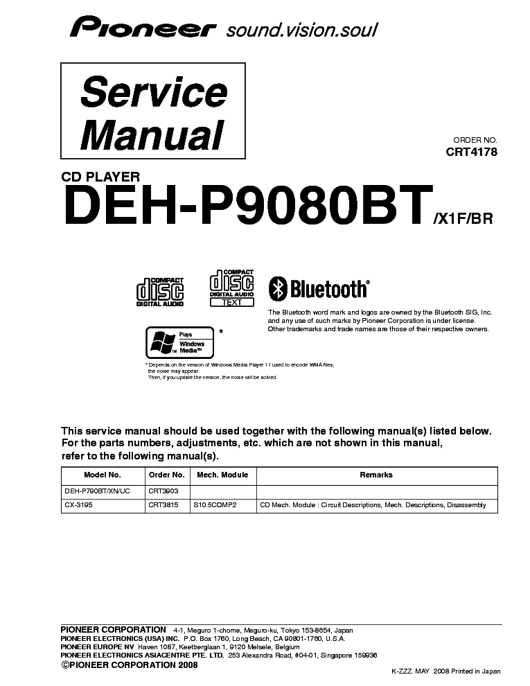 PIONEER DEH-P9080BT CRT4178 CAR AUDIO service manual (1st page)