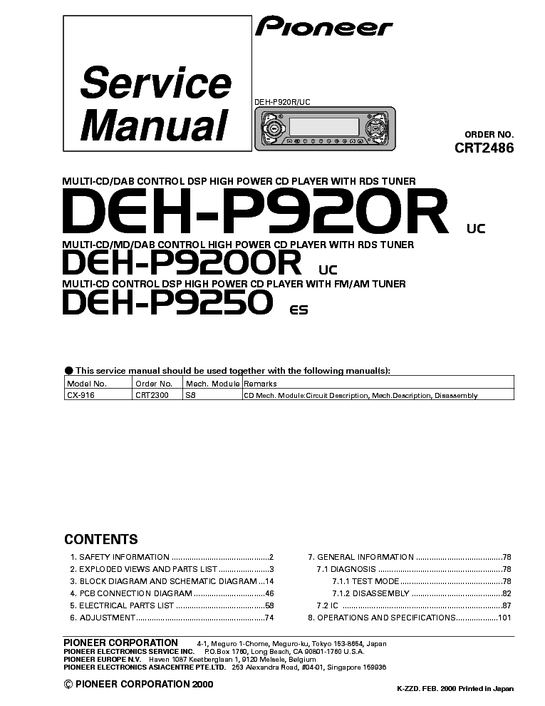 PIONEER DEH-P9250 P9200R P920R C2486 service manual (1st page)