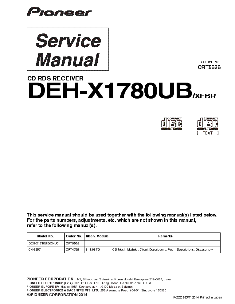 PIONEER DEH-X1780UB CRT5626 PARTS service manual (1st page)