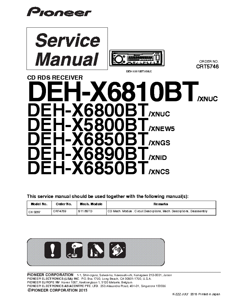 PIONEER DEH-X6810BT X6800BT X5800BT X6850BT X6890BT CRT5746 service manual (1st page)