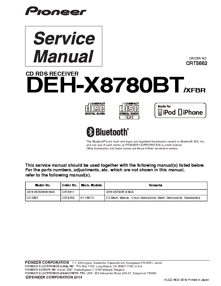 PIONEER DEH-X8780BT CRT5662 SM ADDITIONAL service manual (1st page)